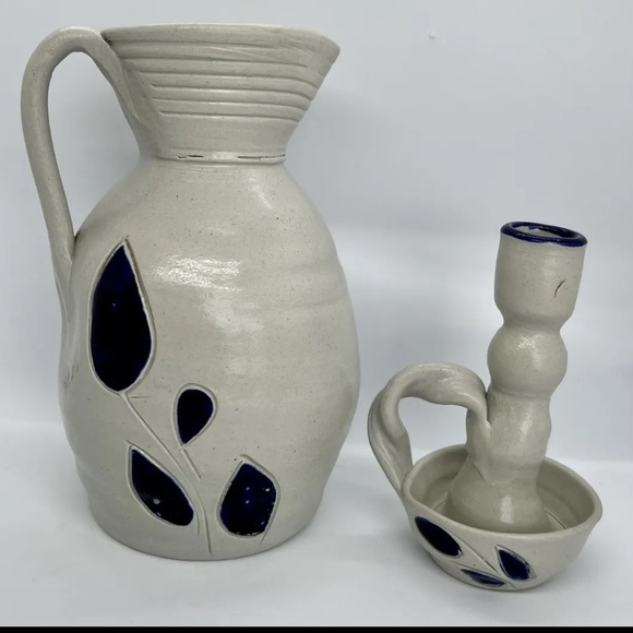 Williamsburg Pottery Salt Glaze Cobalt Blue Leaf Pitcher and Candleholder - Picture 1 of 3